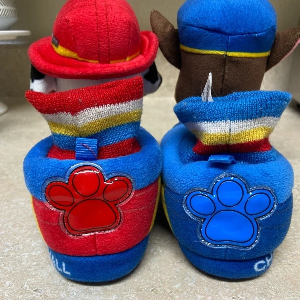 Paw Patrol Light-Up Plush Slippers For Kids - Chase & Marshall - Size 5-6